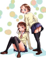 Rule 34 | 2girls, :d, black legwear, blue eyes, blue skirt, brown footwear, brown hair, cardigan, collared shirt, commentary request, from behind, full body, hair bobbles, hair ornament, hand on another&#039;s shoulder, highres, knees together feet apart, knees up, long hair, long sleeves, looking at viewer, looking back, miniskirt, multiple girls, neck ribbon, open mouth, original, panties, pantyshot, pleated skirt, purple eyes, red ribbon, resolution mismatch, ribbon, school uniform, shirt, shoes, sitting, skirt, smile, source larger, standing, tareme, teeth, thighhighs, underwear, upper teeth only, wadachitokakeru, white panties, white shirt, yellow cardigan, zettai ryouiki