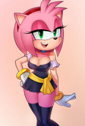 Rule 34 | 1girl, amy rose, bare shoulders, black skirt, black thighhighs, bracelet, breasts, choker, cleavage, collarbone, eyelashes, feet out of frame, female focus, furry, furry female, gloves, green eyes, hairband, hand on hip, hedgehog ears, hedgehog girl, highres, jewelry, large breasts, loodncrood, looking at viewer, miniskirt, open mouth, pink fur, pink hair, red hairband, skirt, solo, sonic (series), standing, teeth, thighhighs, thighs, upper teeth, white gloves, zettai ryouiki