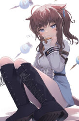 Rule 34 | 1girl, animal ears, black footwear, blue dress, boots, brown hair, cat ears, cat girl, cat tail, commission, cross-laced footwear, dress, final fantasy, final fantasy xiv, full body, highres, jacket, kanora, long hair, long sleeves, looking at viewer, miqo&#039;te, ponytail, sage (final fantasy), short dress, sitting, skeb commission, tail, warrior of light (ff14), white jacket