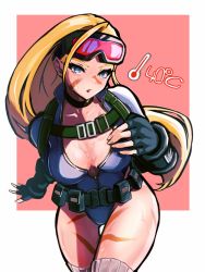 Rule 34 | 1girl, ap cammy, blonde hair, blue eyes, breasts, cammy white, cleavage, fingerless gloves, gloves, goggles, highres, hot, large breasts, leotard, long hair, long sleeves, street fighter, sweat, temperature