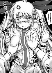 Rule 34 | 10s, 1girl, blush, bracelet, grabbing another&#039;s breast, breasts, drifters, glasses, gloves, grabbing, greyscale, groping, jewelry, long hair, monochrome, olmine, sakaki imasato, solo focus, sweat, twintails, very long hair