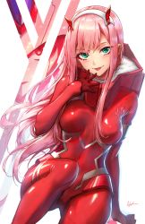 Rule 34 | 10s, 1girl, arm support, athenawyrm, backlighting, blush, bodysuit, darling in the franxx, eyes visible through hair, green eyes, hand to own mouth, horns, horns through headwear, long hair, pink hair, solo focus, strelizia, tagme, tongue, tongue out, white background, zero two (darling in the franxx)