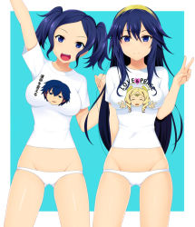 Rule 34 | 1boy, 3girls, alternate costume, arms up, blonde hair, blue background, blue eyes, blue hair, border, breasts, casual, chrom (fire emblem), clenched hand, clothes writing, contemporary, cynthia (fire emblem), double v, drill hair, emmeryn (fire emblem), english text, closed eyes, fire emblem, fire emblem awakening, gloves, groin, hair between eyes, hairband, impossible clothes, impossible shirt, kyoku tou, lowleg, lowleg panties, lucina (fire emblem), multiple girls, navel, nintendo, no pants, open mouth, outstretched arm, panties, shirt, short sleeves, siblings, sisters, skindentation, smile, t-shirt, translated, twintails, underwear, v, white gloves, white panties