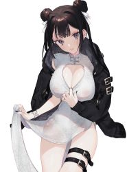 Rule 34 | 1girl, absurdres, bad id, bad pixiv id, black hair, black nails, blush, bracelet, breasts, china dress, chinese clothes, cleavage, cleavage cutout, clothes lift, clothing cutout, covered erect nipples, cowboy shot, double bun, dress, dress lift, eyelashes, eyeshadow, grey eyes, hair between eyes, hair bun, hair ribbon, high collar, highres, holster, jacket, jewelry, large breasts, lips, lipstick, long dress, long sleeves, looking at viewer, makeup, nail polish, naomasap, no bra, no panties, original, parted lips, pelvic curtain, ribbon, see-through, see-through silhouette, side slit, sidelocks, silver dress, simple background, sleeveless, smile, solo, thigh holster, thighs, v-shaped eyebrows, white background, white dress