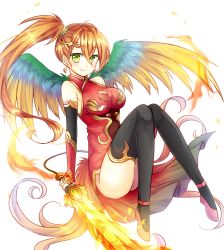 Rule 34 | 1girl, bird wings, black thighhighs, breasts, china dress, chinese clothes, cleavage cutout, clothing cutout, commentary request, dress, elbow gloves, fingerless gloves, flaming sword, flaming weapon, gloves, green eyes, hair between eyes, highres, kanataww, large breasts, leilan (p&amp;d), long hair, orange hair, puzzle &amp; dragons, side ponytail, smile, solo, thighhighs, wings