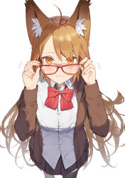 Rule 34 | 1girl, :3, absurdres, animal ear fluff, black skirt, black thighhighs, blush, bow, breasts, brown eyes, brown hair, brown jacket, closed mouth, collared shirt, commentary request, cowboy shot, dress shirt, eyewear pull, glasses, hands up, highres, jacket, kitada mo, long hair, long sleeves, looking at viewer, off shoulder, open clothes, open jacket, original, pleated skirt, pulling own clothes, red-framed eyewear, red bow, shirt, simple background, skirt, small breasts, smile, solo, standing, thighhighs, very long hair, white background, white shirt