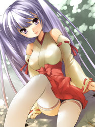 Rule 34 | 1girl, adapted uniform, alric, breasts, detached sleeves, female focus, japanese clothes, miko, nature, original, outdoors, purple eyes, purple hair, solo, thighhighs, white thighhighs
