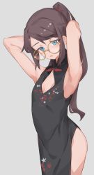 Rule 34 | 1girl, :o, armpits, arms behind head, arms up, black dress, blush, breasts, brown hair, cleavage cutout, clothing cutout, dress, highres, idolmaster, idolmaster shiny colors, looking at viewer, mitsumine yuika, ponytail, round eyewear, simple background, sleeveless, sleeveless dress, small breasts, solo, sunfromwe, yellow-framed eyewear