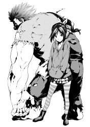 Rule 34 | 1boy, 1girl, 6j-k-en1223, absurdres, animification, greyscale, hands in pocket, hands in pockets, highres, hood, hoodie, monochrome, muscular, parted bangs, ponytail, skirt, striped clothes, striped thighhighs, thighhighs, torn clothes, vanellope von schweetz, white background, wreck-it ralph, wreck-it ralph (character), zettai ryouiki