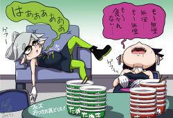 Rule 34 | + +, 10s, 2015, 2girls, ^^^, black hair, bowl, breasts, callie (splatoon), chopsticks, cleavage, cup ramen, dated, detached collar, earrings, gloves, gradient background, green legwear, grey hair, hair rings, inkling, instant soba, instant udon, jewelry, long hair, lying, marie (splatoon), maruchan akai kitsune udon, maruchan midori no tanuki tensoba, mole, mole under eye, multiple girls, nintendo, on back, open mouth, pantyhose, pointy ears, splatoon (series), splatoon 1, stomach bulge, translation request, usa (dai9c carnival), white gloves