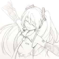 Rule 34 | 1girl, ^ ^, agonasubi, armpits, blush, breasts, closed eyes, closed mouth, commentary, detached sleeves, graphite (medium), hair between eyes, happy, hatsune miku, headset, highres, light smile, long hair, monochrome, necktie, outstretched arms, parted bangs, shirt, shoulder tattoo, simple background, sleeveless, sleeveless shirt, small breasts, smile, solo, symbol-only commentary, tattoo, traditional media, twintails, upper body, very long hair, vocaloid, white background