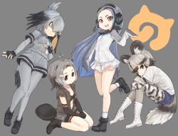 Rule 34 | 10s, 4girls, african wild dog (kemono friends), ahoge, american beaver (kemono friends), animal ears, antenna hair, bionekojita, blouse, blue hair, boots, brown eyes, brown hair, dog ears, dog tail, eyelashes, fingerless gloves, full body, giant penguin (kemono friends), gloves, grey background, grey hair, hair between eyes, head wings, headphones, japari symbol, kemono friends, knees together feet apart, long hair, looking at viewer, multicolored hair, multiple girls, necktie, own hands together, pantyhose, pantyhose under shorts, pink eyes, pocket, shirt, shoebill (kemono friends), short hair, short jumpsuit, shorts, simple background, sitting, socks, standing, standing on one leg, stomach, tail, thick eyebrows, torn clothes, torn shorts, two-tone hair, v-shaped eyebrows, very long hair, white legwear, white shirt, wings, yellow eyes