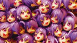 Rule 34 | 6+girls, :d, ahoge, clone, commentary, english commentary, fang, head only, highres, looking at viewer, making-of available, multiple girls, open mouth, original, purple eyes, purple hair, short hair, skin fang, smile, too many, ufoshock