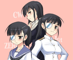 Rule 34 | 1girl, age progression, alternate hairstyle, black eyes, black hair, eyepatch, long hair, looking at viewer, military, military uniform, mirutsu (milts), multiple persona, naval uniform, ponytail, sakamoto mio, scarf, smile, strike witches, uniform, world witches series