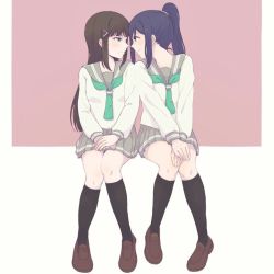 Rule 34 | 10s, 2girls, aqua neckerchief, black hair, black socks, brown background, brown footwear, eye contact, face-to-face, green eyes, hair ornament, hairpin, hands on lap, invisible chair, kneehighs, knees together feet apart, kurosawa dia, loafers, long hair, long sleeves, looking at another, love live!, love live! sunshine!!, maroon background, matsuura kanan, miniskirt, mole, mole under mouth, multicolored background, multiple girls, my 234 wht, neckerchief, own hands together, pleated skirt, ponytail, purple eyes, school uniform, serafuku, shoes, simple background, sitting, skirt, smile, socks, tie clip, uranohoshi school uniform, white background, yuri