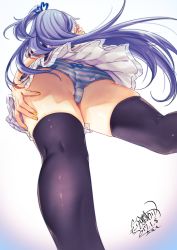 Rule 34 | 1girl, 2017, artist name, ass, bad id, bad nicoseiga id, black thighhighs, blue hair, bow, bow panties, dated, emori miku, fingernails, from behind, from below, gradient background, hair ornament, hand on own thigh, highres, kitasaya ai, legs, liver city, long hair, nail polish, original, panties, pantyshot, side ponytail, signature, solo, standing, striped clothes, striped panties, thighhighs, thighs, underwear, upskirt, yellow nails