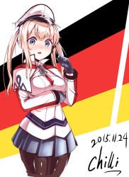 Rule 34 | 10s, 1girl, :o, artist name, bad id, bad pixiv id, blonde hair, blue eyes, blush, breast hold, breasts, capelet, celtic knot, chilli (809908224q), chilli (pixiv4810760), dated, german flag, gloves, graf zeppelin (kancolle), hat, highres, kantai collection, long hair, looking at viewer, miniskirt, open mouth, pantyhose, peaked cap, pleated skirt, sidelocks, signature, skirt, solo, twintails