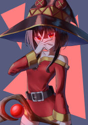 Rule 34 | 1girl, absurdres, arm at side, bandaged leg, bandages, belt, belt buckle, black background, black belt, black hat, blush, breasts, brown hair, buckle, closed mouth, collarbone, cowboy shot, dress, glowing, glowing eyes, hair between eyes, hair strand, hand on own face, hand up, hat, highres, holding, holding staff, kitsutsuki tsuki, kono subarashii sekai ni shukufuku wo!, looking at viewer, megumin, off-shoulder dress, off shoulder, red background, red dress, red eyes, short dress, short hair, short hair with long locks, sidelocks, small breasts, smile, solo, spread fingers, staff, standing, thighhighs, triangle, two-tone background, witch hat, zettai ryouiki