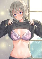 Rule 34 | 1girl, black sweater, blonde hair, blue eyes, blush, bra, breasts, cleavage, clothes lift, embarrassed, frilled bra, frills, hayashi takeo, highres, hood, hoodie, large breasts, lens flare, lifted by self, navel, original, pink bra, short hair, stomach, sweater, sweater lift, underwear, window