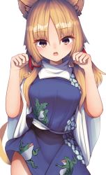 Rule 34 | 1girl, animal ears, animal print, blonde hair, cat ears, clenched hands, commentary request, darumoon, frog print, hair ribbon, highres, long sleeves, looking at viewer, medium hair, moriya suwako, no headwear, open mouth, parted bangs, paw pose, purple skirt, purple vest, red ribbon, ribbon, shirt, sidelocks, simple background, skirt, skirt set, sleeves past wrists, solo, touhou, turtleneck, vest, white background, white shirt, wide sleeves, yellow eyes