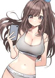 Rule 34 | 1girl, backwards text, bad id, bad twitter id, blue bow, blush, bow, breasts, brown eyes, brown hair, calvin klein, cellphone, cleavage, deadnooodles, hair bow, highres, idolmaster, idolmaster shiny colors, large breasts, long hair, mirrored text, phone, ponytail, reflection, selfie, smartphone, solo, sports bra, sportswear, swept bangs, tsukioka kogane, underwear, underwear only