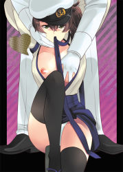 Rule 34 | 10s, 1boy, 1girl, admiral (kancolle), black thighhighs, grabbing another&#039;s breast, breasts, breasts out, grabbing, grey eyes, hat, heart, hetero, japanese clothes, kaga (kancolle), kantai collection, large breasts, military, military hat, military uniform, mouth hold, nipples, otsuki38, panties, personification, sandals, short hair, side ponytail, solo focus, thighhighs, underwear, uniform, white panties