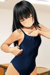 Rule 34 | 1girl, adjusting clothes, adjusting swimsuit, black hair, blue one-piece swimsuit, breasts, closed eyes, competition school swimsuit, highres, long hair, matsunaga kouyou, one-piece swimsuit, one-piece tan, original, school swimsuit, simple background, small breasts, solo, swimsuit, tan, tanline