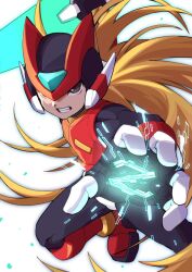 Rule 34 | 1boy, amidatto, armor, black eyes, blonde hair, clenched teeth, commentary request, energy sword, helmet, highres, holding, holding sword, holding weapon, long hair, male focus, mega man (series), mega man zero (series), mega man zero 4, red armor, red helmet, serious, simple background, solo, sword, teeth, weapon, white background, z saber, zero(z) (mega man), zero (mega man)