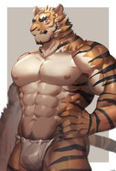 Rule 34 | 1boy, abs, absurdres, animal ears, bara, bulge, commentary request, fundoshi, furry, furry male, highres, japanese clothes, large bulge, large pectorals, looking at viewer, male focus, mature male, muscular, muscular male, navel, neumo, nipples, original, pectorals, smile, solo, stomach, tail, tiger boy, tiger ears, tiger tail, topless male