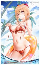 Rule 34 | 1girl, bare shoulders, bikini, bird, blonde hair, blue eyes, blush, breasts, chinese commentary, commentary request, day, english text, genshin impact, groin, hair between eyes, heart, heart-shaped pupils, highres, holding strap, innertube, jean (genshin impact), l ract, large breasts, long hair, looking at viewer, navel, outdoors, palm tree, red bikini, side-tie bikini bottom, skindentation, sky, solo, standing, stomach, striped bikini, striped clothes, swim ring, swimsuit, symbol-shaped pupils, tree, wading, water, wristband