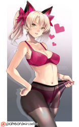 Rule 34 | 1girl, alternate hair color, alternate hairstyle, animal ears, black cat d.va, black pantyhose, blonde hair, blush, bow, bra, breasts, cat ears, clothes pull, d.va (overwatch), earrings, fake animal ears, hair bow, hand on own hip, heart, heart earrings, highres, jewelry, light blush, looking at viewer, medium breasts, mirco gravina, navel, open mouth, overwatch, overwatch 1, panties, panties under pantyhose, pantyhose, pantyhose pull, patreon, pink bra, pink panties, smile, solo, stomach, twintails, underwear, yellow eyes, yo-nashi