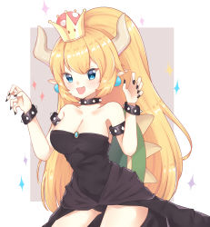 Rule 34 | 1girl, :d, armlet, bare shoulders, black leotard, black nails, blonde hair, blue eyes, blush, bowsette, bracelet, breasts, brown background, claw pose, cleavage, collar, commentary request, covered navel, earrings, fingernails, gluteal fold, hands up, high ponytail, highres, horns, jewelry, large breasts, leaning forward, leotard, light (luxiao deng), long hair, mario (series), nail polish, new super mario bros. u deluxe, nintendo, open mouth, pointy ears, ponytail, sidelocks, smile, solo, sparkle, spiked armlet, spiked bracelet, spiked collar, spikes, strapless, strapless leotard, super crown, two-tone background, very long hair, white background