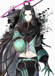 Rule 34 | 1boy, :|, bad id, bad twitter id, black hair, black pants, blue eyes, chinese clothes, closed mouth, commentary request, crop top, earrings, expressionless, eyeshadow, fate/grand order, fate (series), feet out of frame, gloves, grey background, grey hair, halo, hand on own chest, highres, jewelry, kou (184756o), long hair, long sleeves, looking away, makeup, male focus, multicolored eyes, multicolored hair, navel, paint splatter, pale skin, pants, parted bangs, red eyes, red eyeshadow, red ribbon, ribbon, simple background, solo, taisui xingjun (fate)