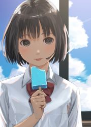 Rule 34 | 1girl, backlighting, black hair, blush, bob cut, bow, bowtie, brown eyes, food, highres, holding, holding food, kyak bamboo, looking at viewer, original, popsicle, school uniform, short hair, sky, solo, tongue, tongue out, upper body, window