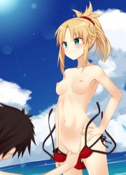 Rule 34 | 1boy, 1girl, aqua eyes, assisted exposure, bikini, bikini pull, black hair, blonde hair, blue sky, blush, breasts, clothes pull, cloud, collarbone, cowboy shot, day, fate/grand order, fate (series), fuji yoshida, fujimaru ritsuka (male), grin, groin, hair between eyes, hair ornament, hair scrunchie, hand on own hip, high ponytail, highres, lens flare, long hair, mordred (fate), mordred (fate) (all), mordred (fate/apocrypha), mordred (swimsuit rider) (fate), mordred (swimsuit rider) (first ascension) (fate), navel, nipples, nude, ocean, outdoors, pulling another&#039;s clothes, red bikini, red scrunchie, scrunchie, side-tie bikini bottom, sidelocks, sky, small breasts, smile, solo focus, standing, sunlight, swimsuit