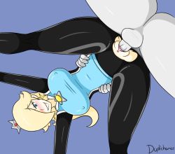 Rule 34 | 1boy, 1girl, arms up, artist name, bent over, black pantyhose, black shirt, blue background, blue eyes, blue shirt, blush, breasts, brooch, clitoris, colored skin, covered erect nipples, crown, duplichance, earrings, erection, eyelashes, grey skin, half-closed eye, hetero, highres, jewelry, large breasts, lips, long sleeves, mario &amp; sonic at the olympic games, mario &amp; sonic at the tokyo 2020 olympic games, mario (series), nintendo, official alternate costume, pantyhose, parted lips, penis, platinum blonde hair, pussy, rosalina, sex, sex from behind, shirt, silver legwear, smile, solo focus, spread legs, taut clothes, taut shirt, testicles, thighs, tight clothes, torn clothes, torn legwear, torso grab, uncensored, vaginal