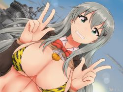 Rule 34 | 1girl, animal print, aqua hair, bikini, bikini under clothes, bow, bowtie, breasts, cleavage, clothes lift, double v, green eyes, grin, hair between eyes, hair ornament, hairclip, highres, kantai collection, large breasts, long hair, outdoors, parted lips, red bow, red bowtie, ship, shirt lift, smile, suzuya (kancolle), swimsuit, tiger print, upper body, v, watercraft, yashio (0321)