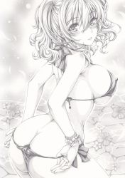 Rule 34 | 1girl, ass, bikini, bikini bottom pull, blush, breasts, butt crack, covered erect nipples, flower, graphite (medium), greyscale, kantai collection, kashima (kancolle), long hair, looking at viewer, looking back, mikuro, monochrome, sideboob, solo, swimsuit, traditional media, water