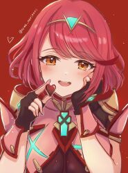 Rule 34 | 1girl, absurdres, black gloves, breasts, chest jewel, chocolate, fingerless gloves, food, gloves, highres, holding, holding chocolate, holding food, looking at viewer, norimaki (nrmk norinori), open mouth, pyra (xenoblade), red background, red hair, smile, solo, swept bangs, tiara, upper body, valentine, xenoblade chronicles (series), xenoblade chronicles 2