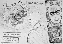 Rule 34 | 2boys, absurdres, armor, bald, cape, chronozbergh, closed mouth, commentary, crater, crossover, english text, full armor, greyscale, highres, horus lupercal, lying, male focus, meme, monochrome, multiple boys, ollanius pius, one-punch man, saitama (one-punch man), sword, traditional media, warhammer 40k, weapon, yamcha pose (meme)