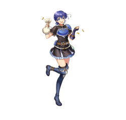 Rule 34 | 1girl, absurdres, armor, bag, belt, belt pouch, black dress, black thighhighs, blue eyes, blue hair, boots, breastplate, coin, commentary request, dress, farina (fire emblem), female focus, fingerless gloves, fire emblem, fire emblem: the blazing blade, fire emblem heroes, full body, gloves, gold, highres, holding, holding bag, katze-reis-kuchen--nyankoromochi, leg up, looking at viewer, matching hair/eyes, nintendo, official art, open mouth, pleated skirt, pouch, shiny skin, short dress, short hair, short sleeves, shoulder armor, shoulder pads, single glove, skirt, smile, solo, standing, standing on one leg, thigh boots, thighhighs, white background, zettai ryouiki