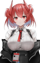 Rule 34 | 1girl, arknights, black coat, breasts, bright pupils, coat, fiammetta (arknights), highres, large breasts, necktie, off shoulder, red eyes, red hair, ribbed shirt, shirt, sthk, white background, white pupils