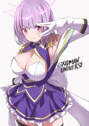 Rule 34 | 1girl, armpit cutout, armpits, black thighhighs, breasts, cleavage, cleavage cutout, clothing cutout, gloves, gridman universe, gridman universe (film), highres, large breasts, light purple hair, looking at viewer, miniskirt, pleated skirt, red eyes, salute, shinjou akane, short hair, showhey!!, skirt, smile, solo, standing, thighhighs, vulcan salute, white gloves