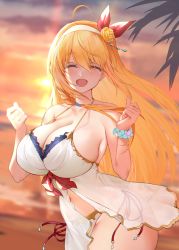 Rule 34 | 1girl, ahoge, backlighting, bare arms, bare shoulders, bikini, breasts, closed eyes, cowboy shot, facing viewer, flower, hair flower, hair ornament, hairband, happy, large breasts, long hair, navel, open mouth, orange hair, orange sky, outdoors, pecorine (princess connect!), pecorine (summer) (princess connect!), princess connect!, see-through, sky, smile, solo, standing, summer, sunset, swimsuit, white bikini, white hairband, xiujia yihuizi