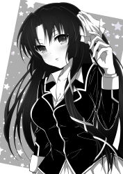 Rule 34 | 1girl, arm up, blush, breasts, cleavage, collarbone, collared shirt, greyscale, hair ornament, highres, kurugaya yuiko, little busters!, long hair, long sleeves, looking at viewer, medium breasts, monochrome, parted lips, shirt, skirt, solo, very long hair, x hair ornament, yuupenman