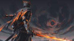Rule 34 | 1boy, armor, cape, crown, dark souls (series), dark souls iii, eclipse, fire, full armor, helmet, male focus, plate armor, seeker, solo, soul of cinder, sword, weapon
