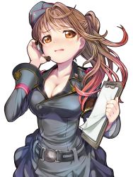 Rule 34 | 1girl, army, blush, breasts, brown eyes, brown hair, carol (vivid army), cleavage, g123, game cg, hat, large breasts, long hair, looking at viewer, military, military hat, military uniform, second-party source, shy, skirt, solo, source request, uniform, vivid army, white background