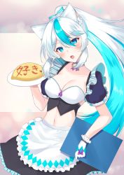 Rule 34 | 1girl, :o, animal ear fluff, animal ears, apron, bell, black shirt, black skirt, blouse, blue eyes, blue hair, bow, breasts, cat ears, chan&#039;nu, choker, cleavage, cowboy shot, crop top, eureka iris, food, gloves, hair between eyes, hair bow, head tilt, highres, jingle bell, kemonomimi mode, large breasts, liver city, long hair, looking at viewer, maid, maid apron, midriff, multicolored hair, navel, omelet, omurice, open mouth, plate, ponytail, shirt, short sleeves, skirt, solo, stomach, two-tone hair, very long hair, virtual youtuber, waist apron, white gloves, white hair