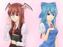 Rule 34 | 2girls, adjusting eyewear, aged up, alternate hair length, alternate hairstyle, armband, bad id, bad pixiv id, bat (animal), bat wings, bespectacled, blue hair, book, breasts, cirno, dress, embodiment of scarlet devil, glasses, head wings, holding, holding book, koakuma, light smile, long hair, looking at viewer, medium breasts, multiple girls, necktie, no wings, pinafore dress, red hair, red necktie, ribbon, shirt, simple background, sleeveless, sleeveless dress, tadokoro teppei, taut clothes, taut shirt, touhou, vest, wings