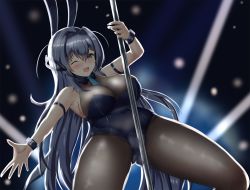 Rule 34 | 1girl, animal ears, azur lane, bad hand, bare shoulders, blue eyes, blue hair, bodystocking, breasts, cleavage, fake animal ears, female masturbation, large breasts, leotard, long hair, masturbation, nail polish, new jersey (azur lane), new jersey (exhilarating steps!) (azur lane), official alternate costume, one eye closed, open mouth, pantyhose, playboy bunny, pole, pole dancing, pussy juice, rabbit ears, see-through, see-through cleavage, skin tight, solo, stage lights, stripper, stripper pole, tomohiro (duo), very long hair, wrist cuffs
